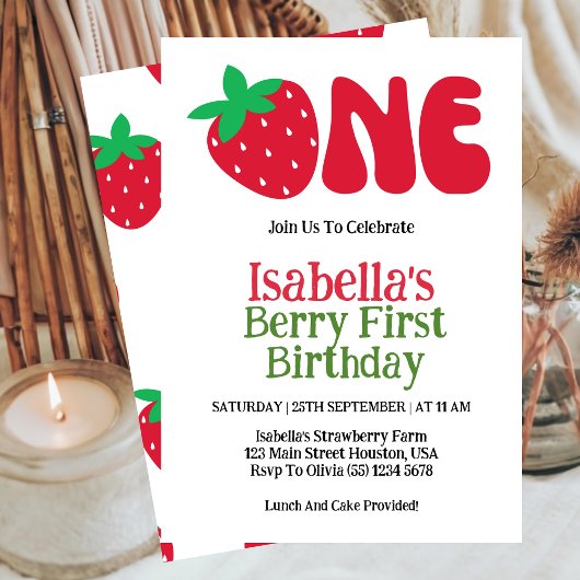 Strawberry Berry First Girl 1. Geburtstag Party Einladung