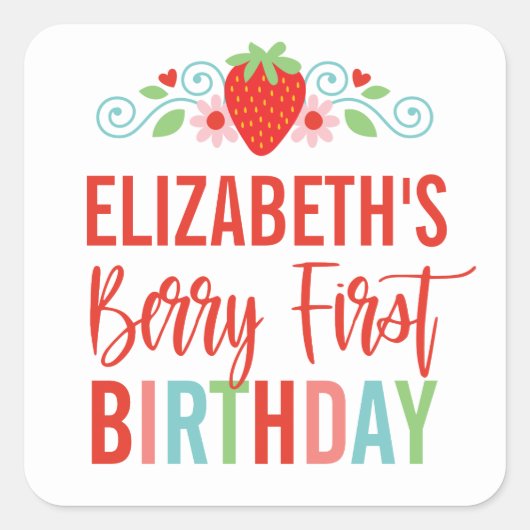 Strawberry Berry First Girl Birthday Quadratischer Aufkleber (Vorderseite)
