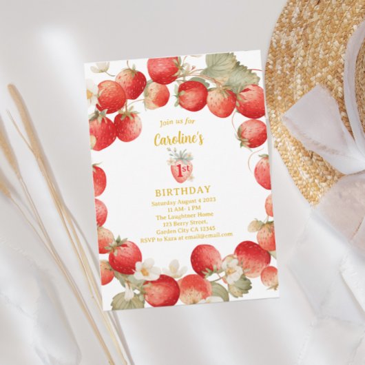 Strawberry Berry First Girls Birthday Einladung