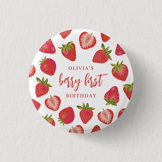 Strawberry Berry First Girls Personalisiert Geburt Button (Vorderseite)