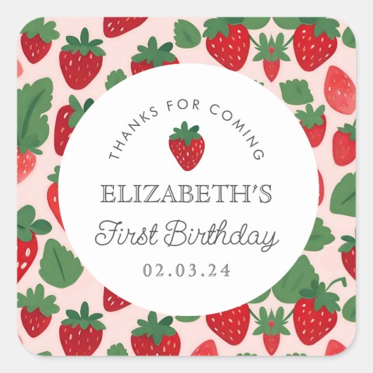 Strawberry Berry First Picnic Geburtstag Quadratischer Aufkleber (Vorderseite)