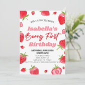 Strawberry Berry First Pink Red 1st Birthday Party Einladung (Stehend Vorderseite)