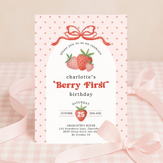 Strawberry Berry First Red Bow 1st Birthday Einladung