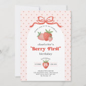 Strawberry Berry First Red Bow 1st Birthday Einladung (Vorderseite)