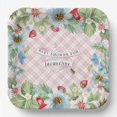 Strawberry Berry Pink Gingham Baby to Bee Dusche Pappteller (Vorderseite)
