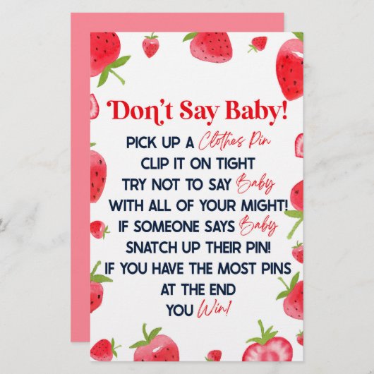 Strawberry Berry Say Baby Shower Game nicht Briefpapier (Vorne/Hinten)