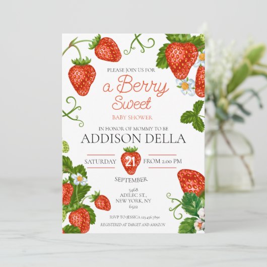 Strawberry Berry Sweet Baby Dusche Einladung (Stehend Vorderseite)