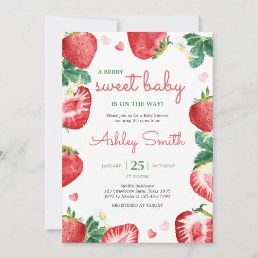 Strawberry Berry Sweet Baby Dusche Einladung (Vorderseite)