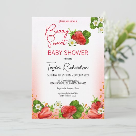Strawberry Berry Sweet Baby Dusche Einladung (Stehend Vorderseite)