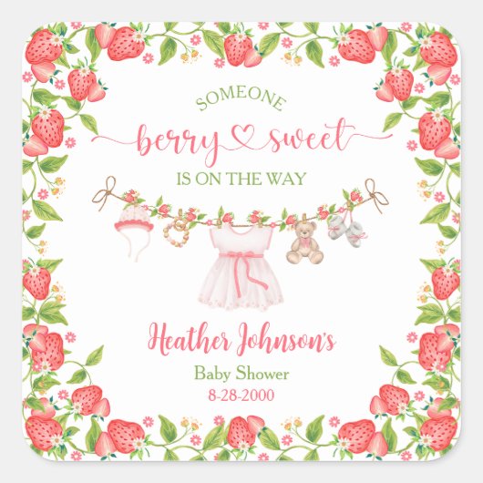 Strawberry Berry Sweet Clothesline Baby Dusche Quadratischer Aufkleber (Vorderseite)