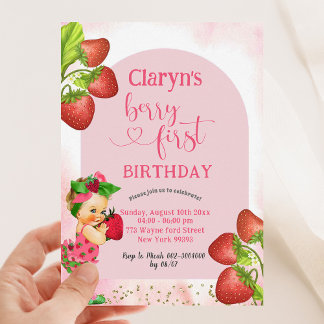Strawberry Berry Sweet First Birthday Blonde Girl Einladung