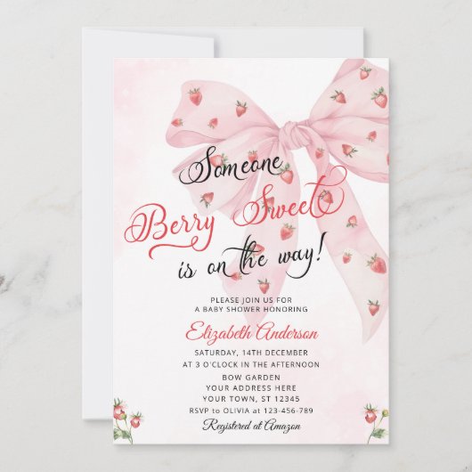 Strawberry Berry Sweet Niedlich Pink Bow Baby Dusc Einladung (Vorderseite)