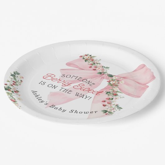Strawberry Berry Sweet Pink Bow Baby Dusche Pappteller (Schrägansicht)