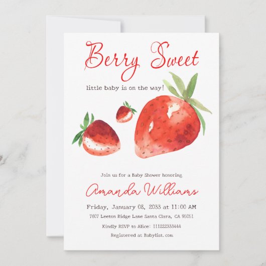 Strawberry Berry Sweet Red Watercolor Babydusche Einladung (Vorderseite)