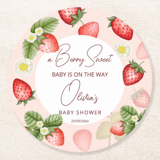 Strawberry Bery Sweet Baby Dusche bevorzugt Runder Pappuntersetzer (Vorderseite)