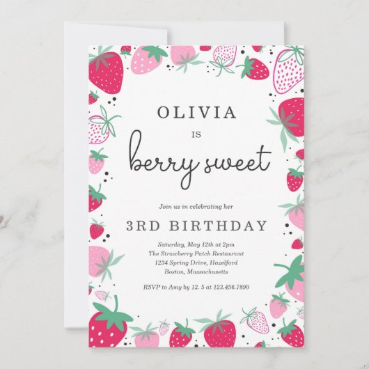 Strawberry Birthday Berry Sweet Birthday Party Einladung (Vorderseite)