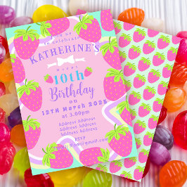 Strawberry Birthday Blue Pink Einladungskarte