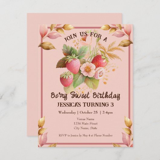 Strawberry Birthday Boho Pink Einladung (Vorne/Hinten)