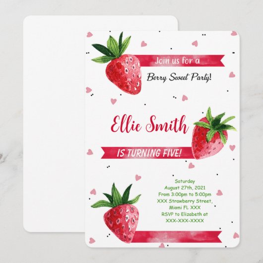 Strawberry Birthday Einladung (Vorne/Hinten)