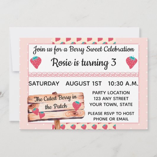 Strawberry Birthday Einladung (Vorderseite)