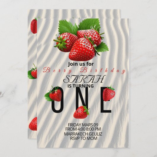 Strawberry Birthday Einladung, erster Geburtstag Einladung (Vorne/Hinten)