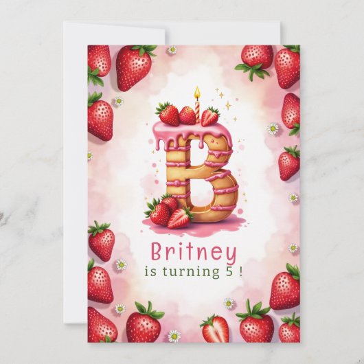Strawberry Birthday Einladung Letter B Cake Theme (Vorderseite)