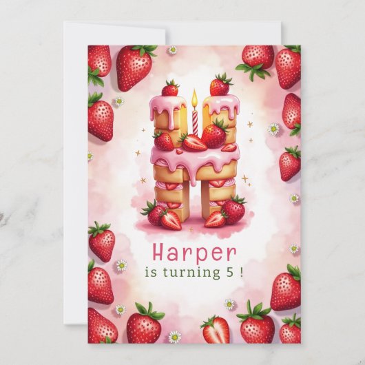 Strawberry Birthday Einladung Letter H Cake Thema (Vorderseite)