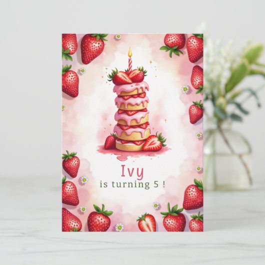 Strawberry Birthday Einladung Letter I Cake Theme (Stehend Vorderseite)