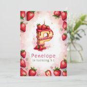 Strawberry Birthday Einladung Letter P Cake Thema (Stehend Vorderseite)