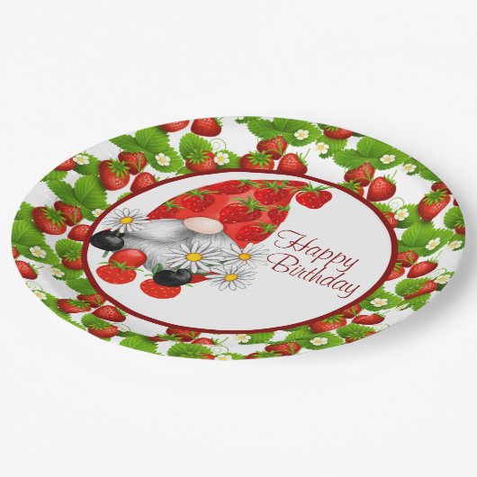 Strawberry Birthday Gnome Pappteller (Schrägansicht)