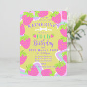Strawberry Birthday Green Pink Einladungskarte (Stehend Vorderseite)