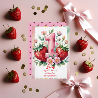 Strawberry Birthday Invitation | Cute Pink Red Gir Einladung