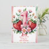 Strawberry Birthday Invitation | Cute Pink Red Gir Einladung (Stehend Vorderseite)