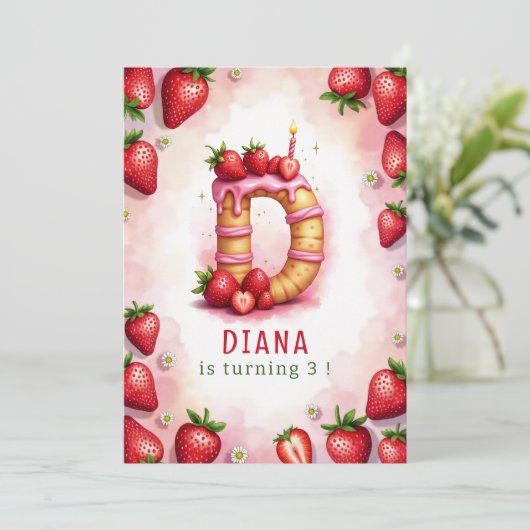Strawberry Birthday Invite Letter D Cake Design Einladung (Stehend Vorderseite)