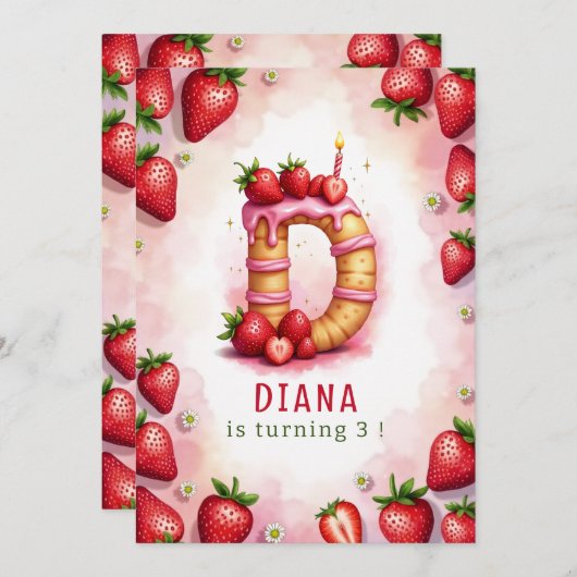 Strawberry Birthday Invite Letter D Cake Design Einladung (Vorne/Hinten)