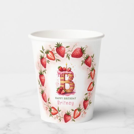 Strawberry Birthday Paper Cup Letter B Cake Pappbecher (Vorderseite)