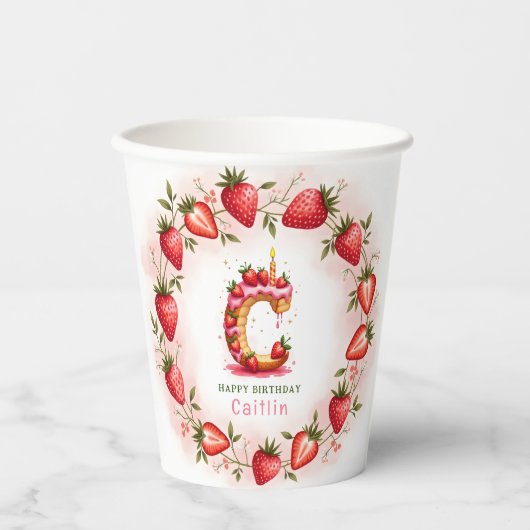Strawberry Birthday Paper Cup Letter C Cake Pappbecher (Vorderseite)
