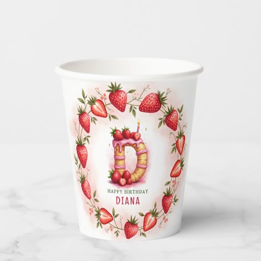 Strawberry Birthday Paper Cup Letter D Cake Pappbecher (Vorderseite)