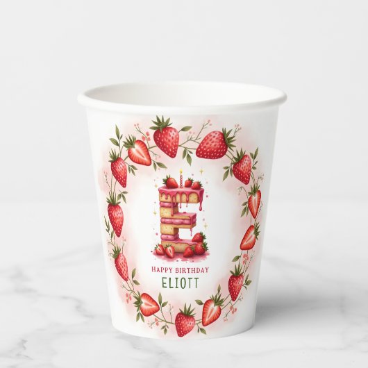 Strawberry Birthday Paper Cup Letter E Cake Pappbecher (Vorderseite)