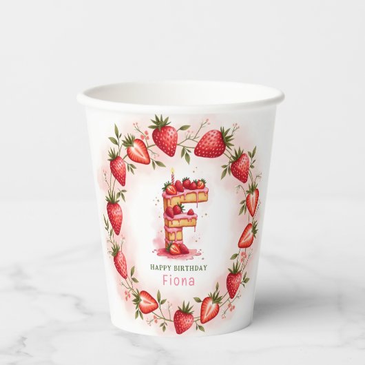 Strawberry Birthday Paper Cup Letter F Cake Pappbecher (Vorderseite)