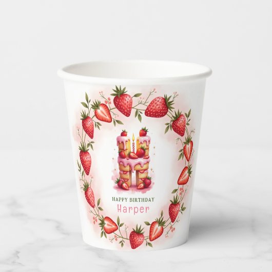 Strawberry Birthday Paper Cup Letter H Cake Pappbecher (Vorderseite)
