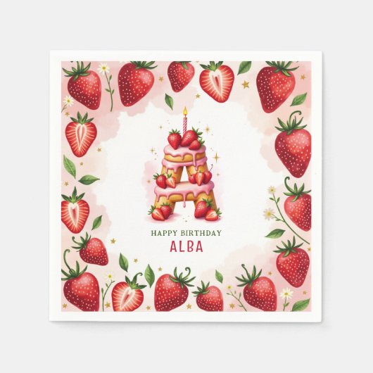 Strawberry Birthday Paper Napkin Letter A Cake Serviette (Vorderseite)