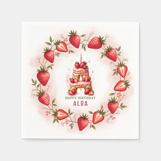 Strawberry Birthday Paper Napkin Letter A Cake Serviette (Vorderseite)
