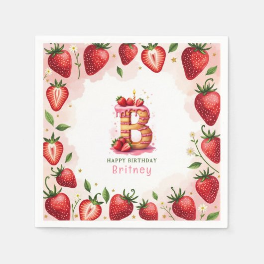 Strawberry Birthday Paper Napkin Letter B Cake Serviette (Vorderseite)