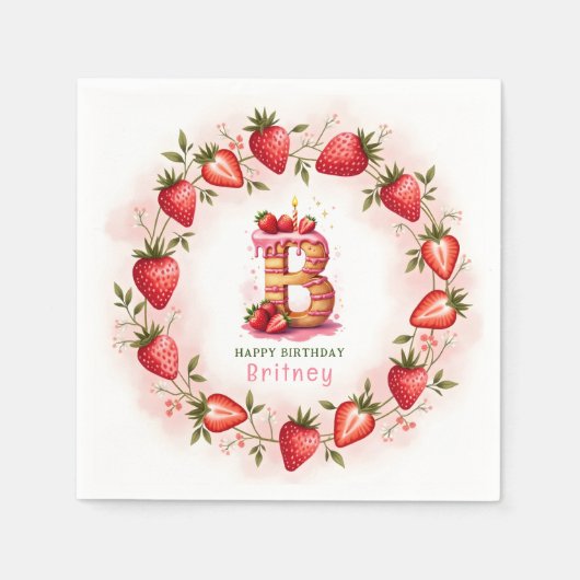 Strawberry Birthday Paper Napkin Letter B Cake Serviette (Vorderseite)