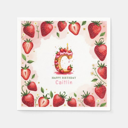 Strawberry Birthday Paper Napkin Letter C Cake Serviette (Vorderseite)