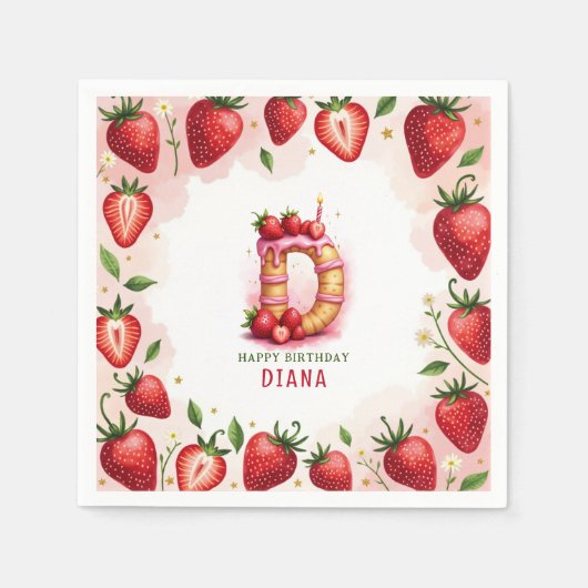 Strawberry Birthday Paper Napkin Letter D Cake Serviette (Vorderseite)