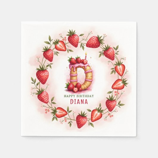Strawberry Birthday Paper Napkin Letter D Cake Serviette (Vorderseite)