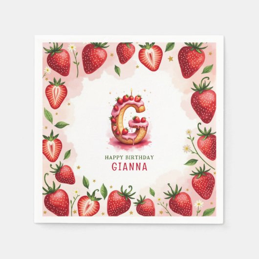 Strawberry Birthday Paper Napkin Letter G Cake Serviette (Vorderseite)
