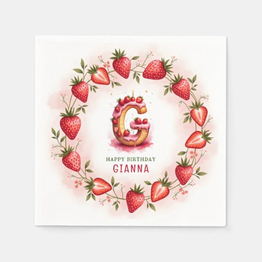 Strawberry Birthday Paper Napkin Letter G Cake Serviette (Vorderseite)